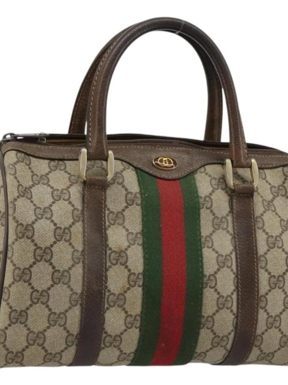 GUCCI GG Supreme Web Sherry Line Boston Bag PVC Beige Gold 40 3841 Auth gh2129